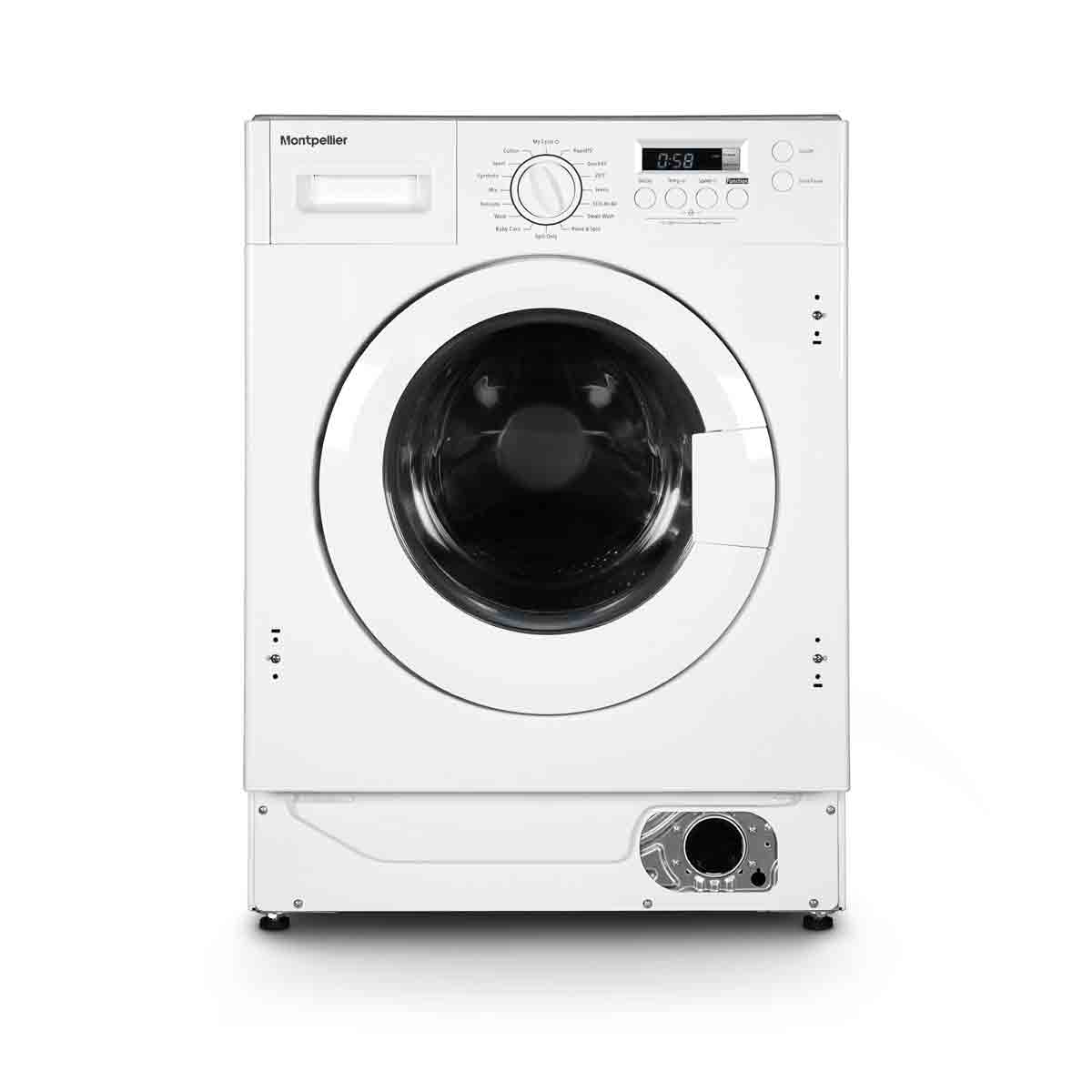 White integrated washing machine with a large front-loading door, control panel featuring a dial and buttons, and a capacity of 8 kg with a 1400 RPM spin speed.