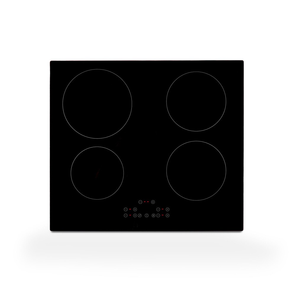 Black 59cm Montpellier MINH59-13A induction hob featuring four cooking zones and a sleek touch control panel, designed for easy plug-in use with a 13amp connection.