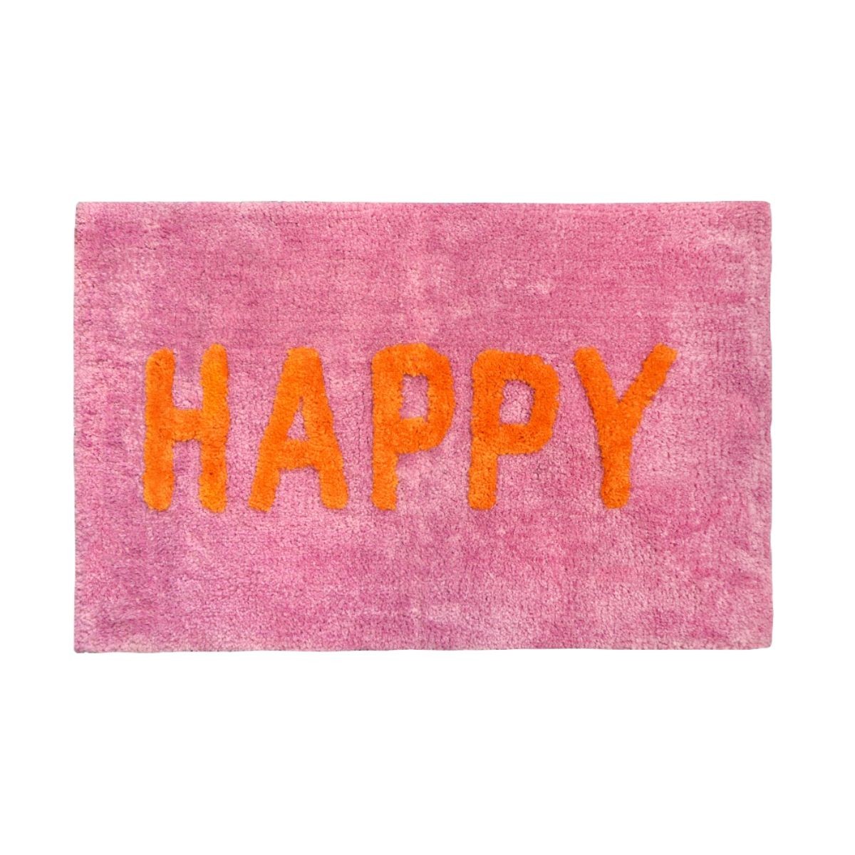 Colourful pink bath mat featuring the word "HAPPY" in vibrant orange, made from soft, plush material for comfort and style in any bathroom.