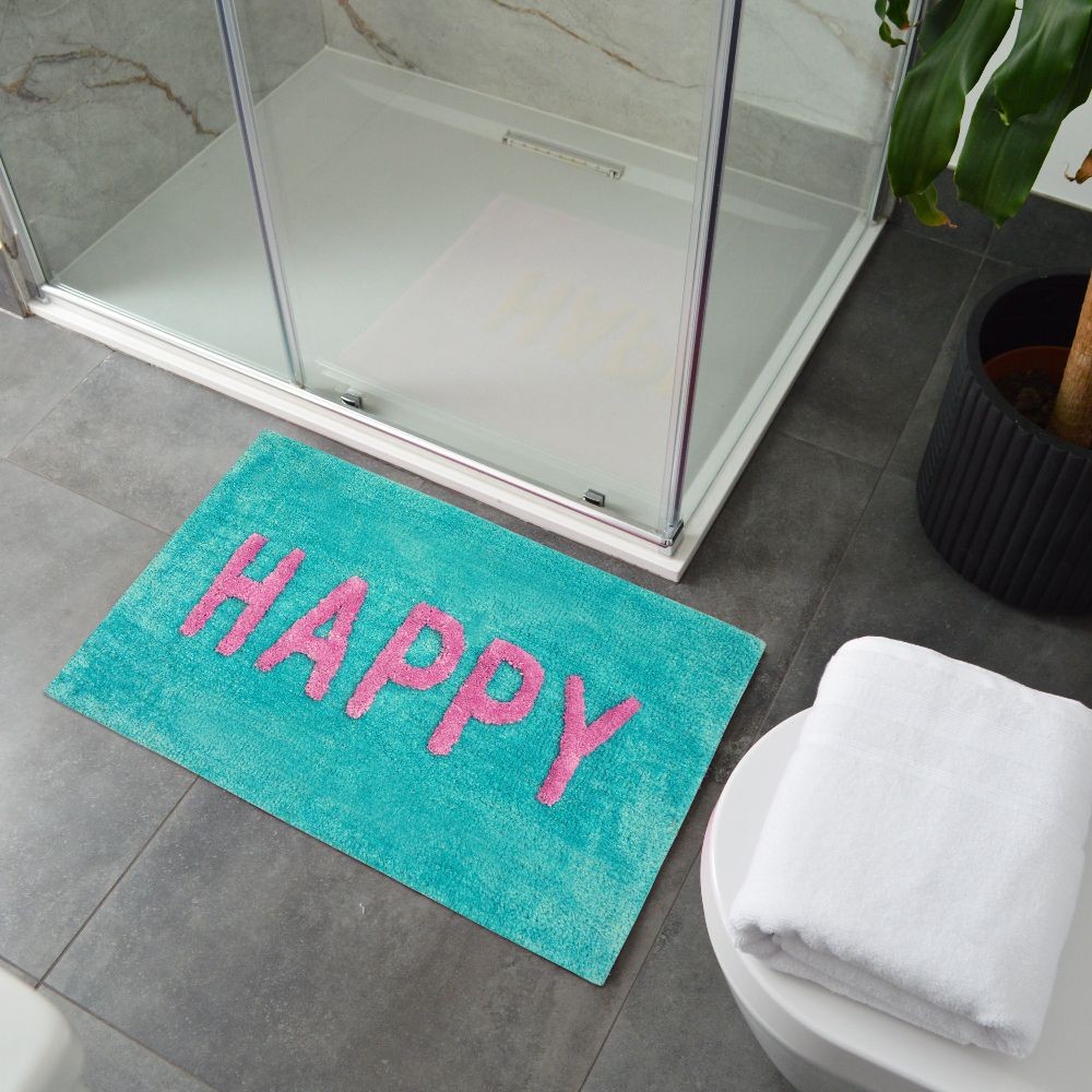 Mooky Mats Turquoise and Pink Happy Slogan Non Slip Bath Mat 50 x 80cm - image 3
