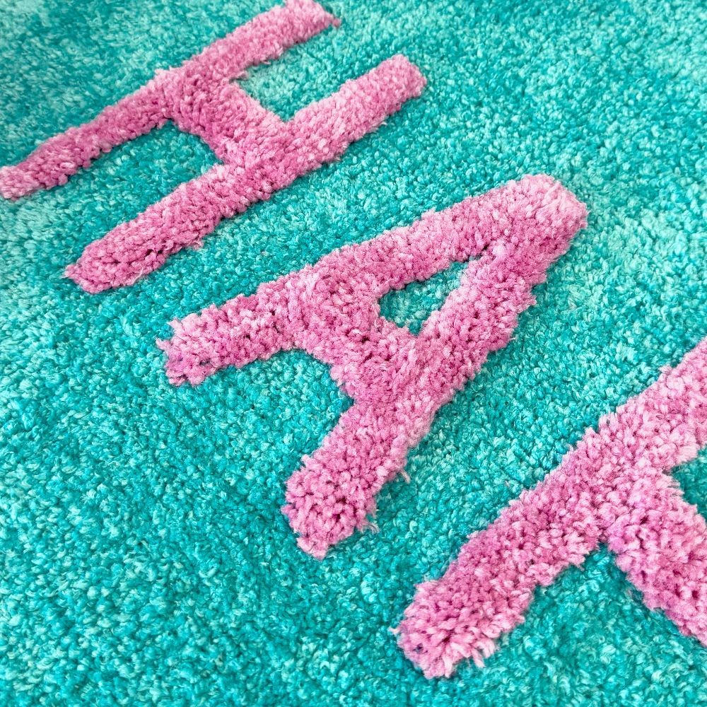 Mooky Mats Turquoise and Pink Happy Slogan Non Slip Bath Mat 50 x 80cm - image 4