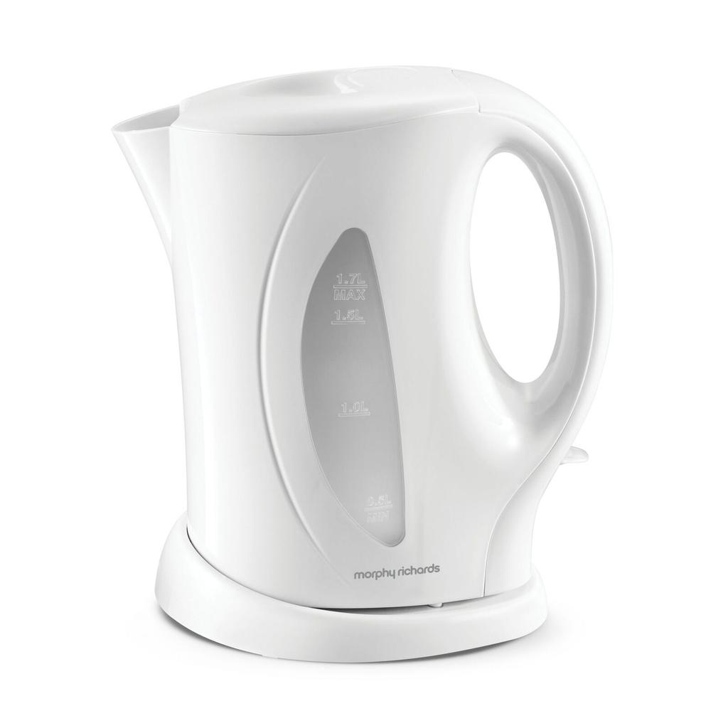 White 1.7L jug kettle with a sleek design, featuring a transparent water level indicator and a comfortable handle, resting on a matching base.