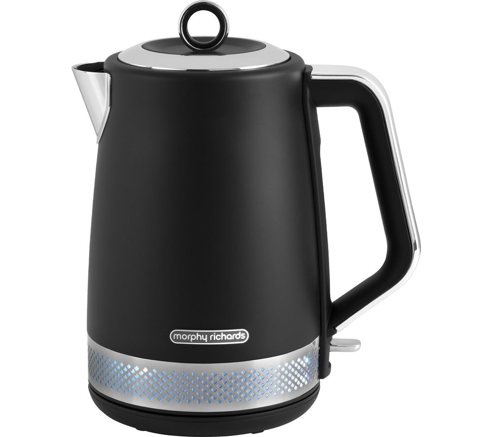 Black Morphy Richards Illumination Jug Kettle with a sleek matte finish, silver accents, a rounded spout, and a prominent handle for easy pouring.
