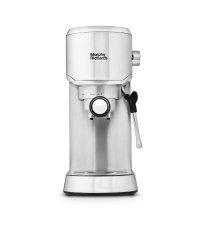 Silver Morphy Richards Manual Compact Espresso Machine featuring a sleek design, a prominent portafilter, and a steam wand for frothing milk.