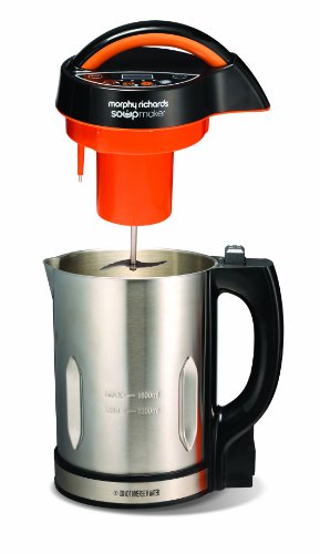 Silver stainless steel soup maker with a black handle and orange lid, featuring a blending blade and control panel on top for easy operation.