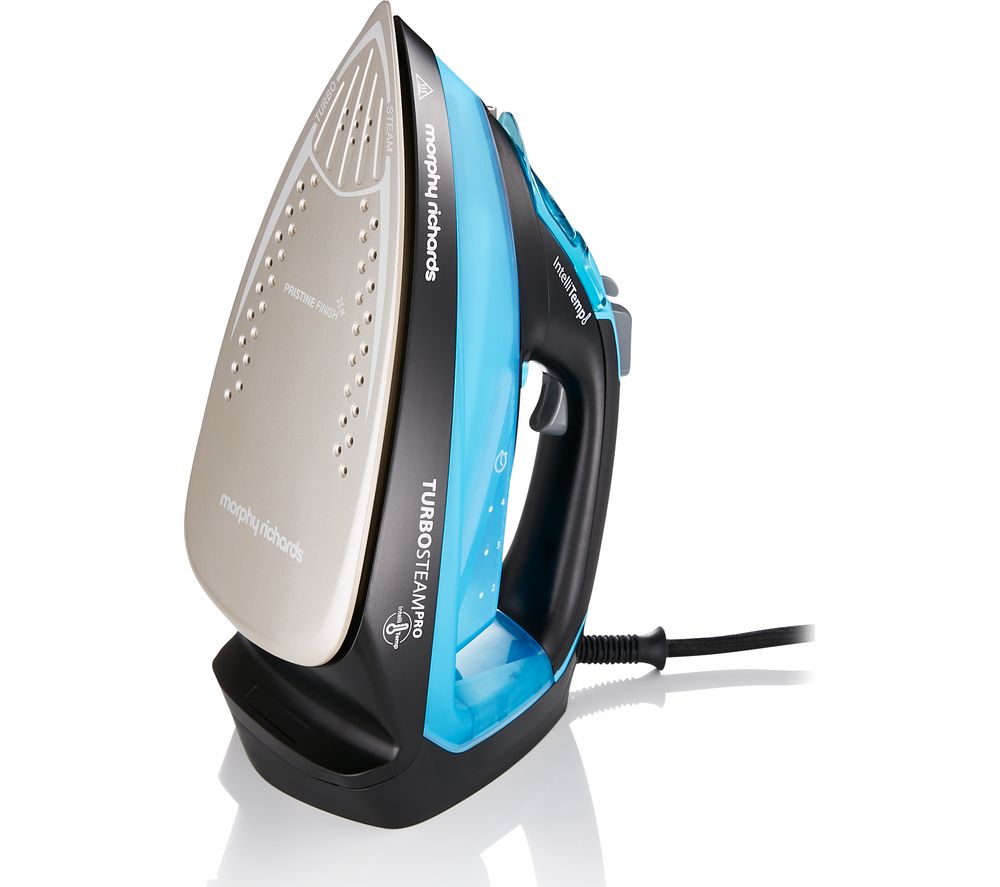 Blue and black Morphy Richards 303210 Turbosteam iron with a silver stainless steel soleplate, featuring a digital display and Intellitemp technology for optimal temperature control.