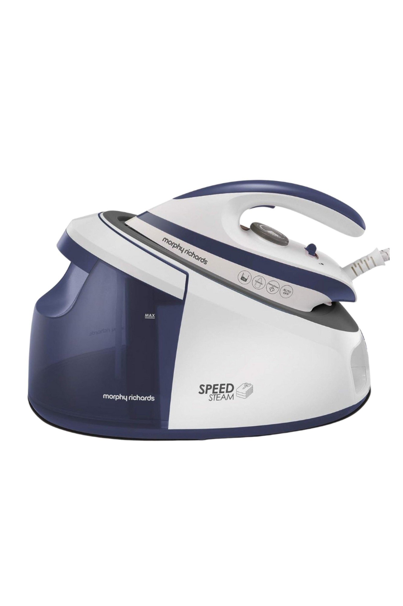 Morphy Richards Speed Steam Generator Iron in blue and white, featuring a large water tank, ergonomic handle, and control buttons on top for steam settings.