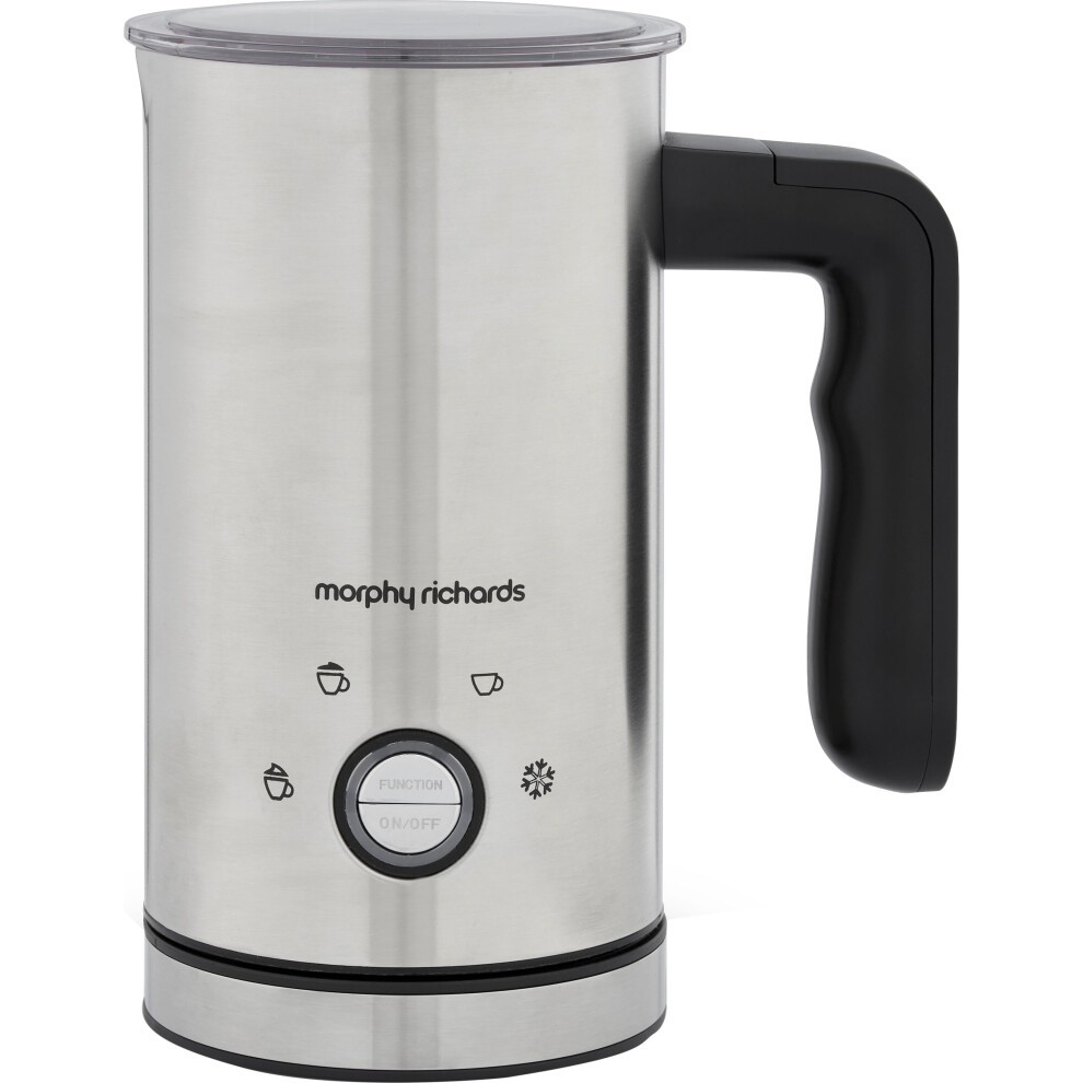 Silver electric milk frother with a sleek stainless steel body, black handle, and control buttons for frothing and heating functions.