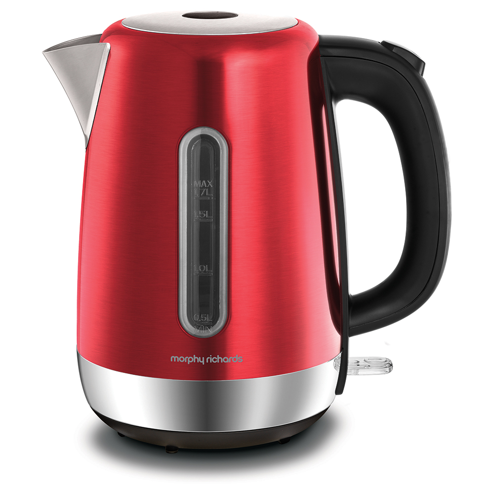 Red stainless steel jug kettle with a sleek design, featuring a clear water level indicator, a black handle, and a polished silver base.