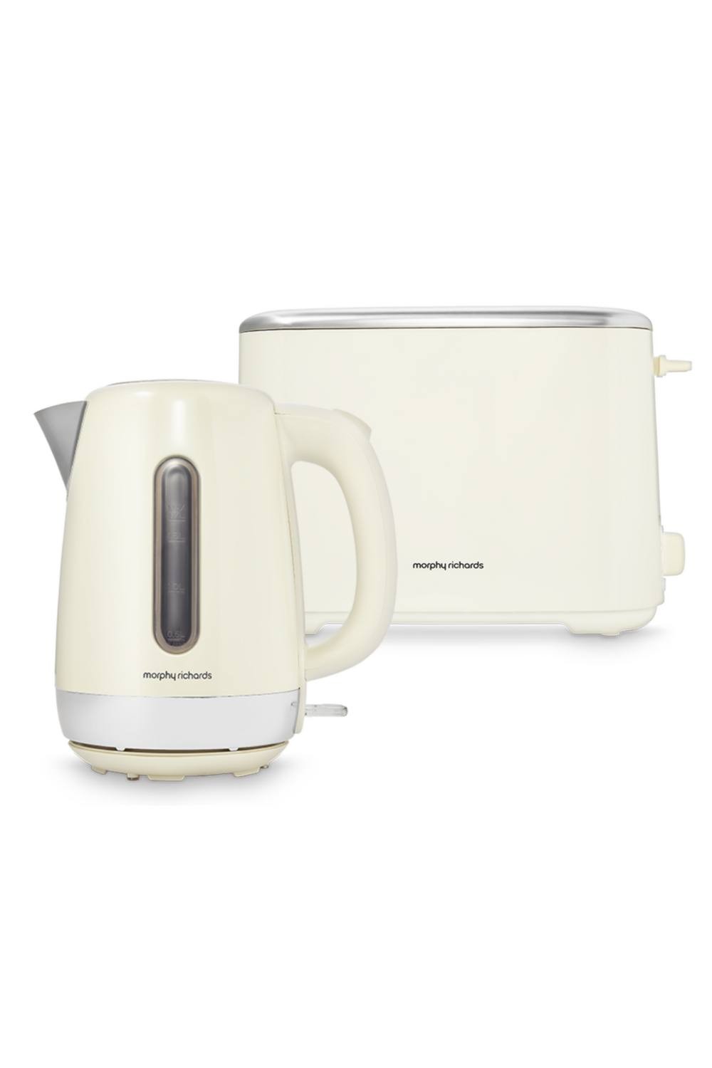 Cream-colored kettle and toaster set by Morphy Richards, featuring a sleek design with a stainless steel trim, ergonomic handle, and a modern, minimalist aesthetic.