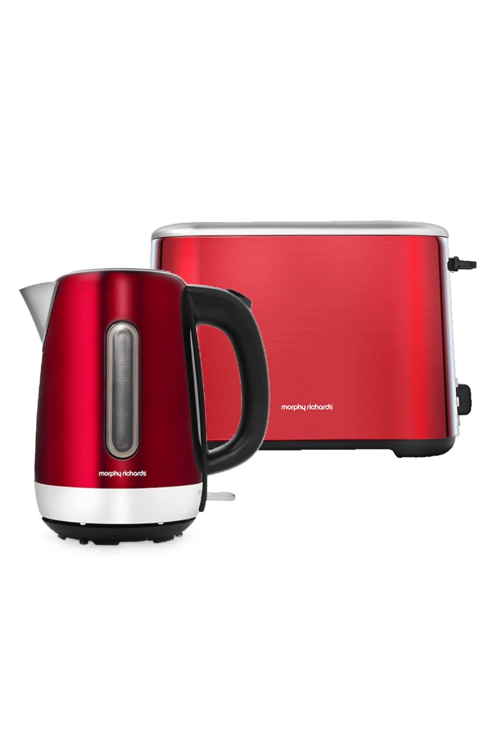 Red stainless steel kettle and toaster set by Morphy Richards, featuring a sleek design, black accents, and a transparent water gauge on the kettle.