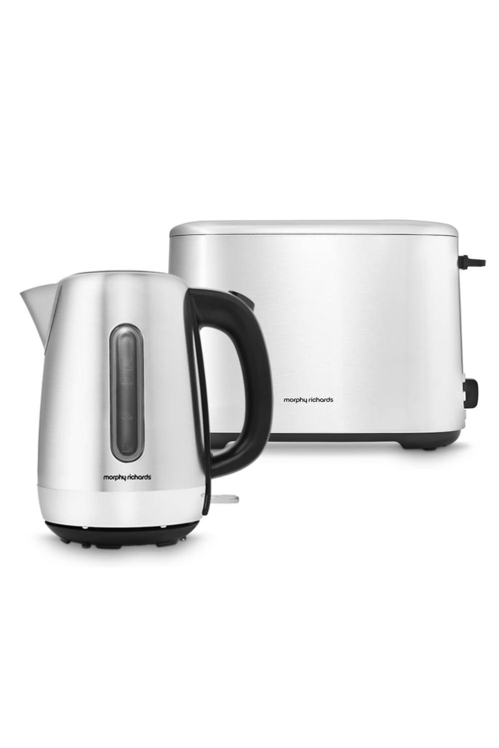 Silver Morphy Richards Equip kettle and toaster set, featuring a sleek stainless steel finish, ergonomic black handle on the kettle, and a simple control panel on the toaster.