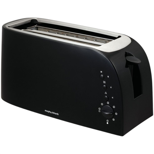 Black Morphy Richards Essentials 4 Slice Toaster featuring a sleek design, stainless steel accents, and adjustable browning control for perfect toast.