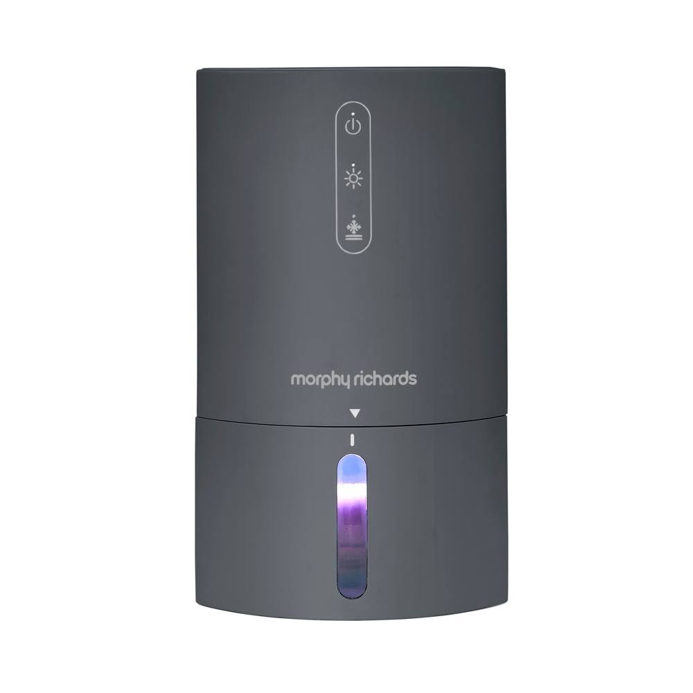 Grey Morphy Richards PureFresh 0.9L dehumidifier features a sleek design with a power button and indicator lights, compact size suitable for small spaces.