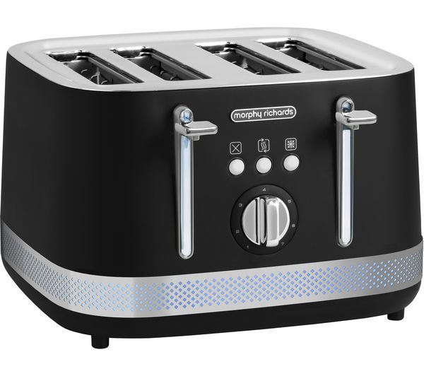Black Morphy Richards Illumination 4 Slice Toaster features a sleek design, stainless steel accents, four slots, and a control dial with illuminated indicators.