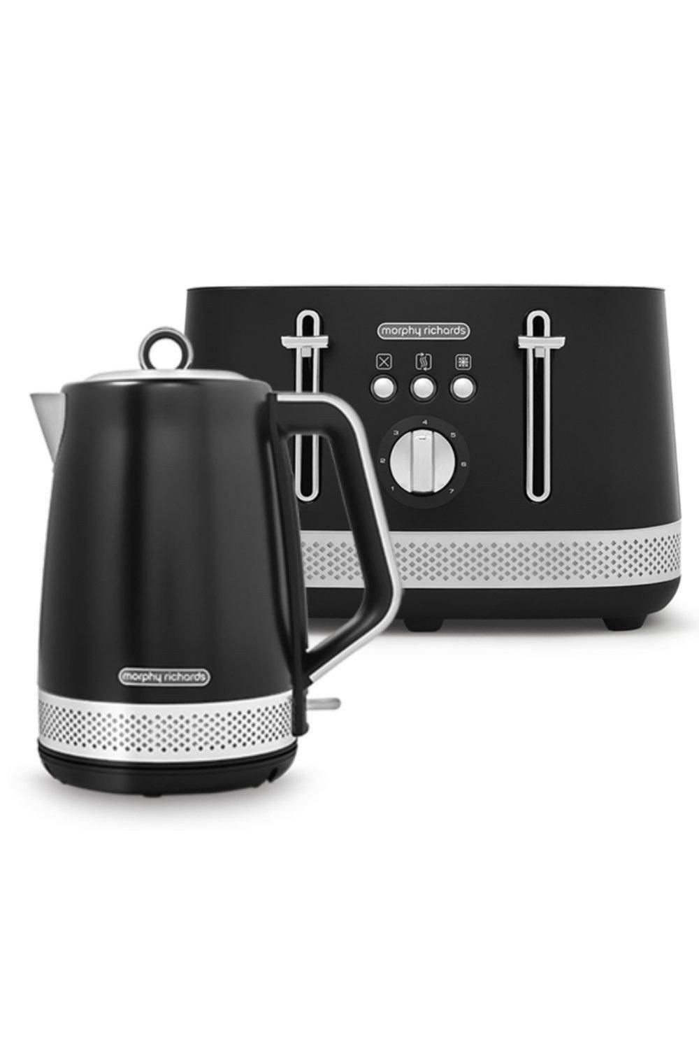 Black Morphy Richards kettle and toaster set featuring a sleek design, stainless steel accents, and illuminated controls for easy operation.