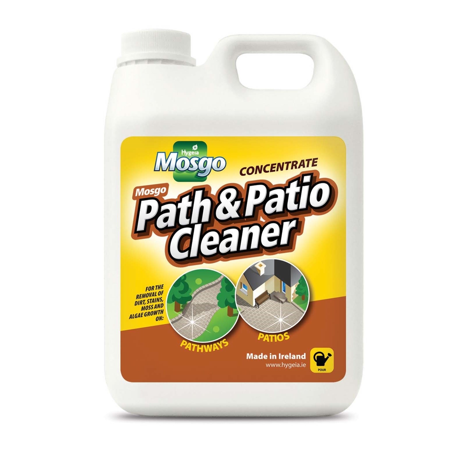 White plastic jug with a handle, featuring a bright yellow label that reads "Mosgo Path & Patio Cleaner" in bold black and white text, with images of clean pathways and patios.