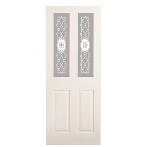 Moulded internal door featuring four panels, cream-colored finish, and two etched glazed sections with decorative patterns, measuring 1981mm x 838mm x 35mm.