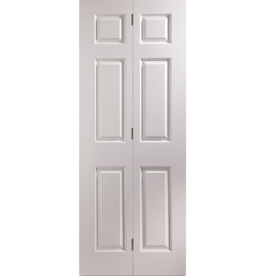 Moulded bi-fold internal door in a light grey finish, featuring six panels with a grained texture, measuring 1981mm x 610mm x 35mm.