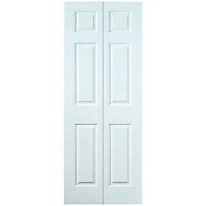 White moulded bi-fold door featuring a smooth finish with six panels, dimensions 1981mm x 686mm x 35mm, designed for interior use.