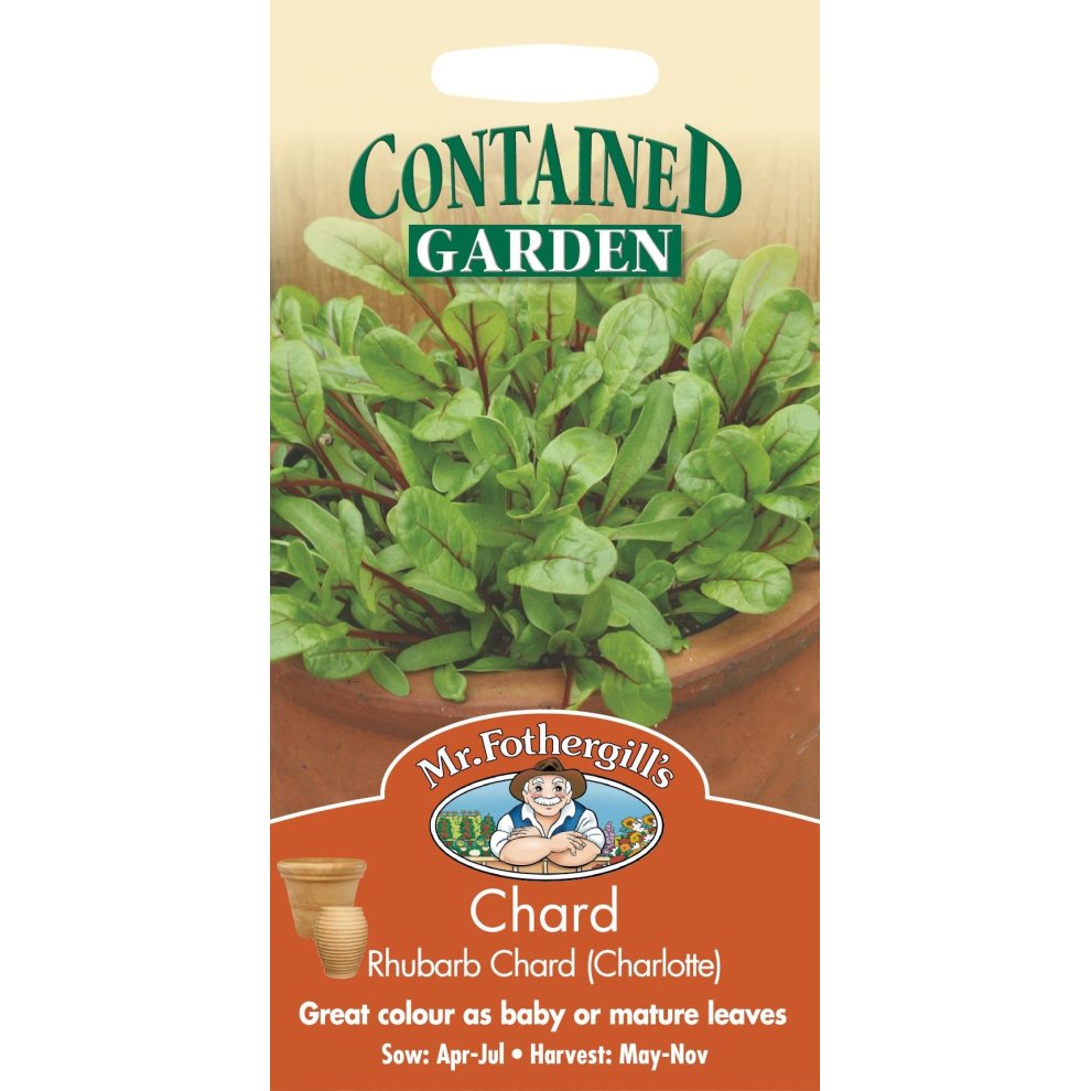 Pictorial seed packet for Mr Fothergill's Rhubarb Chard Charlotte, featuring vibrant green leaves in a terracotta pot, labeled with sowing and harvesting details.