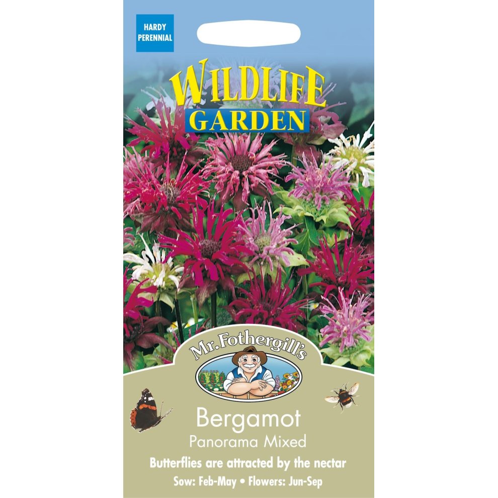 Pictorial seed packet featuring vibrant pink, purple, and white Bergamot flowers, with a colorful illustration and text highlighting butterfly attraction and sowing instructions.