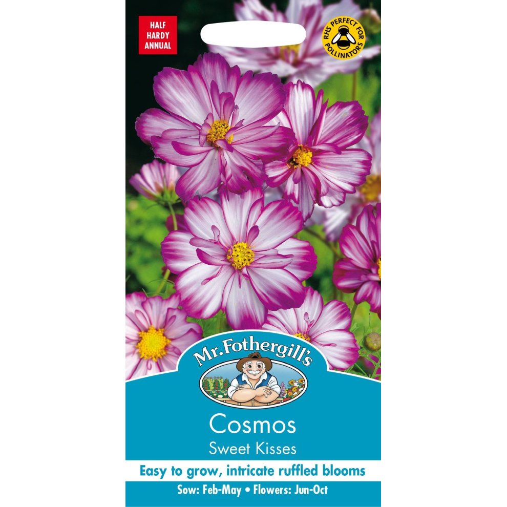 Pictorial seed packet for Mr Fothergill's Cosmos Sweet Kisses featuring pink and white ruffled flowers, with planting instructions and branding at the top.