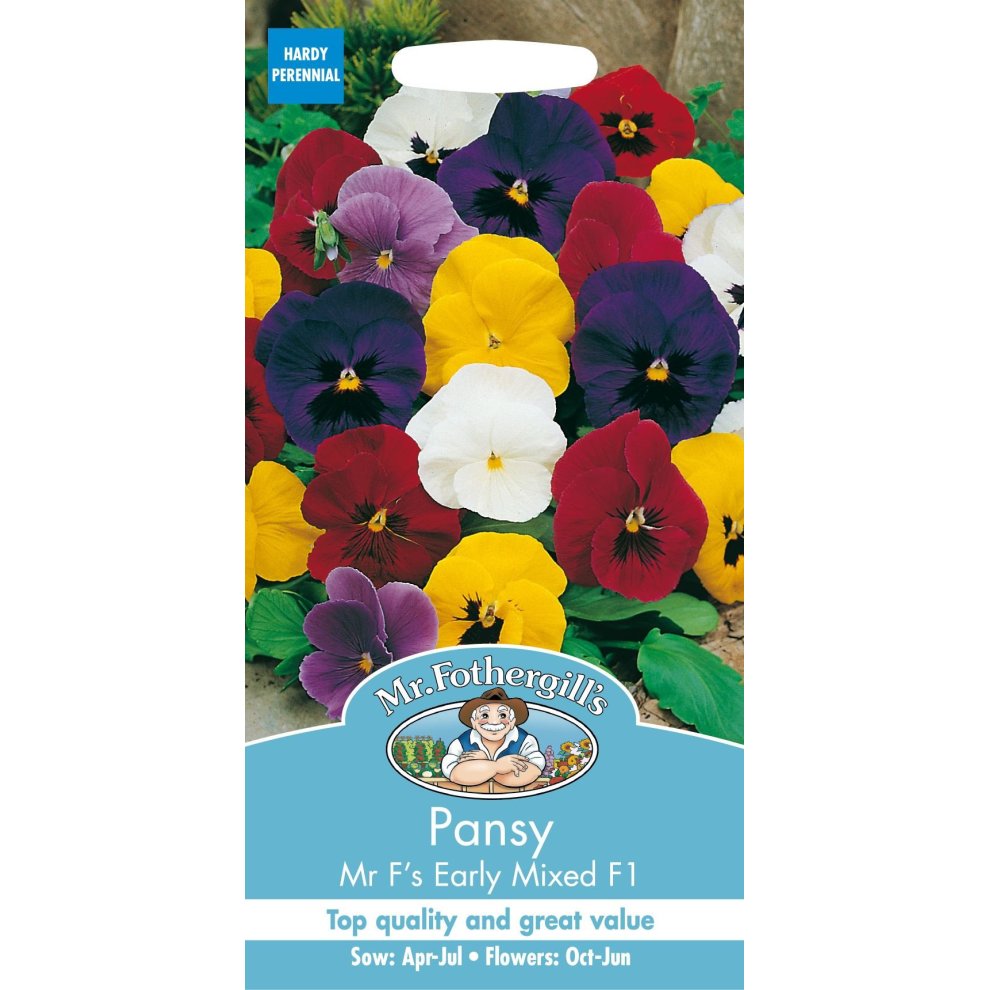 Colorful seed packet featuring a variety of pansy flowers in purple, yellow, and white, with "Mr Fothergill's" branding and sowing instructions on a blue background.