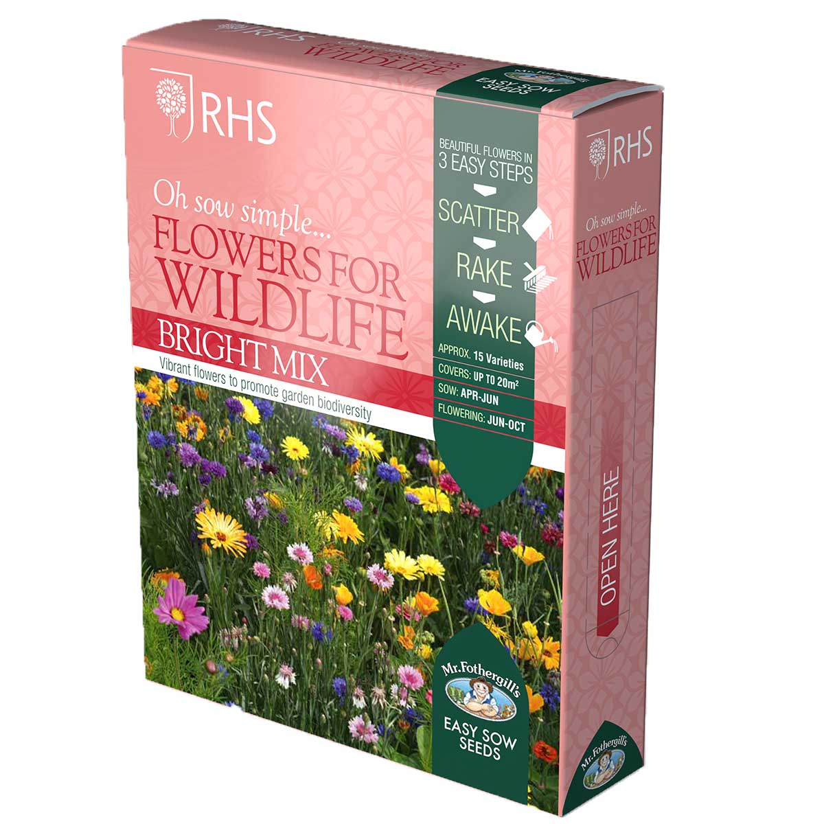 Brightly colored seed packet featuring "RHS Flowers for Wildlife Bright Mix" by Mr Fothergill's Seeds, with floral illustrations and instructions for planting and care.