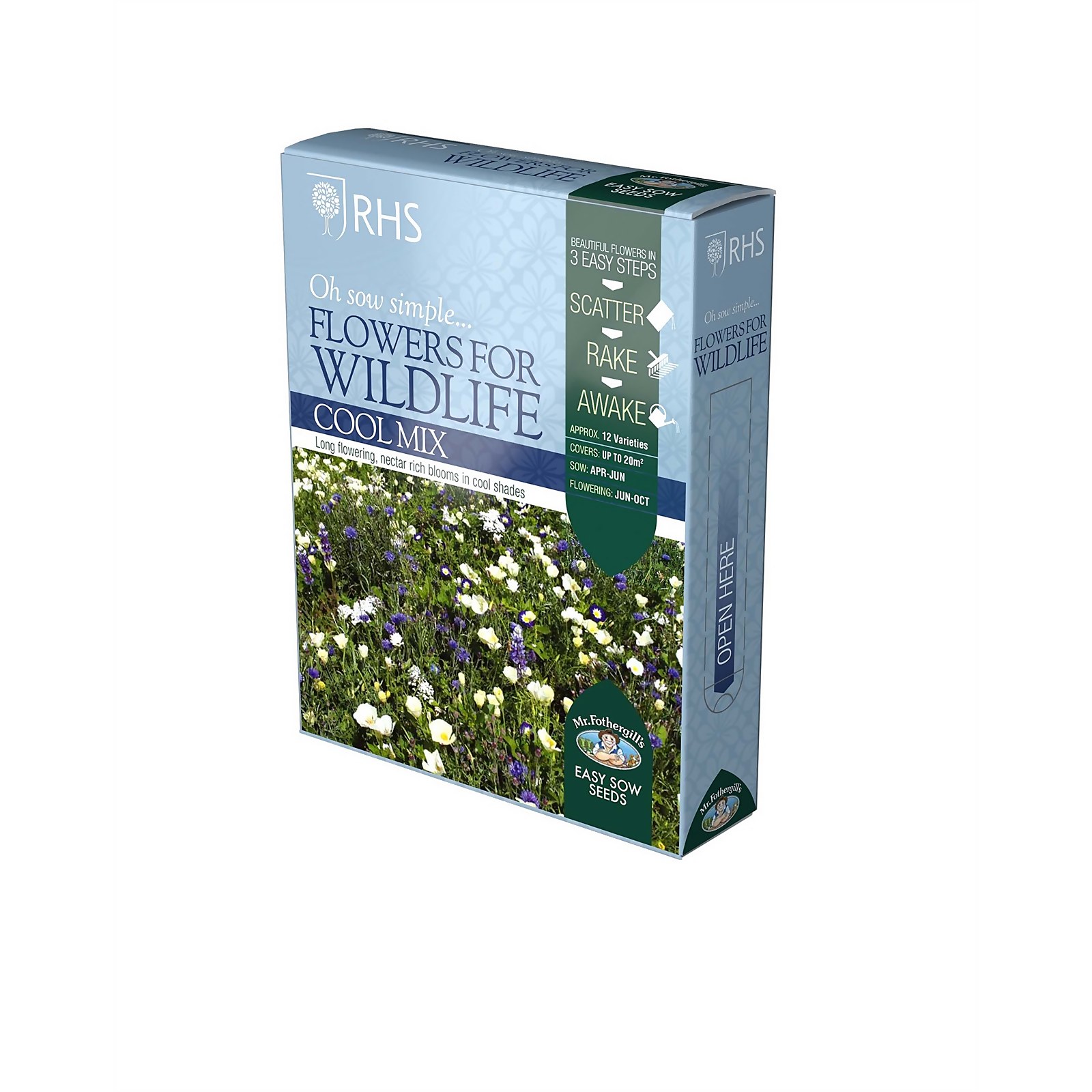 RHS Flowers for Wildlife Cool Mix Seed packet featuring a blue and white design with floral graphics, labeled with sowing instructions and branding from Mr Fothergill's Seeds.