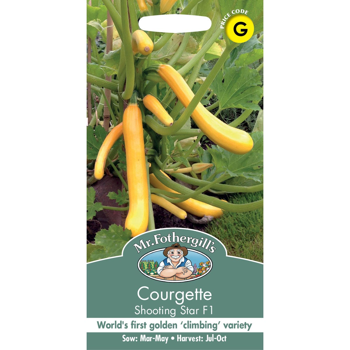 Bright yellow courgettes hang from green vines on the seed packet, featuring the Mr Fothergill's logo and details about the Shooting Star F1 variety.