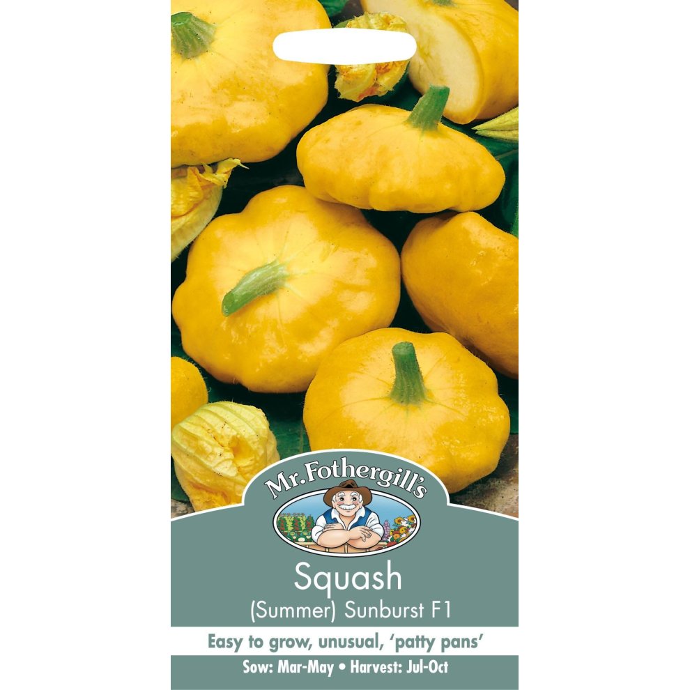 Bright yellow summer squash with a scalloped shape, displayed on a green background, featuring a packet design with Mr Fothergill's branding and sowing instructions.