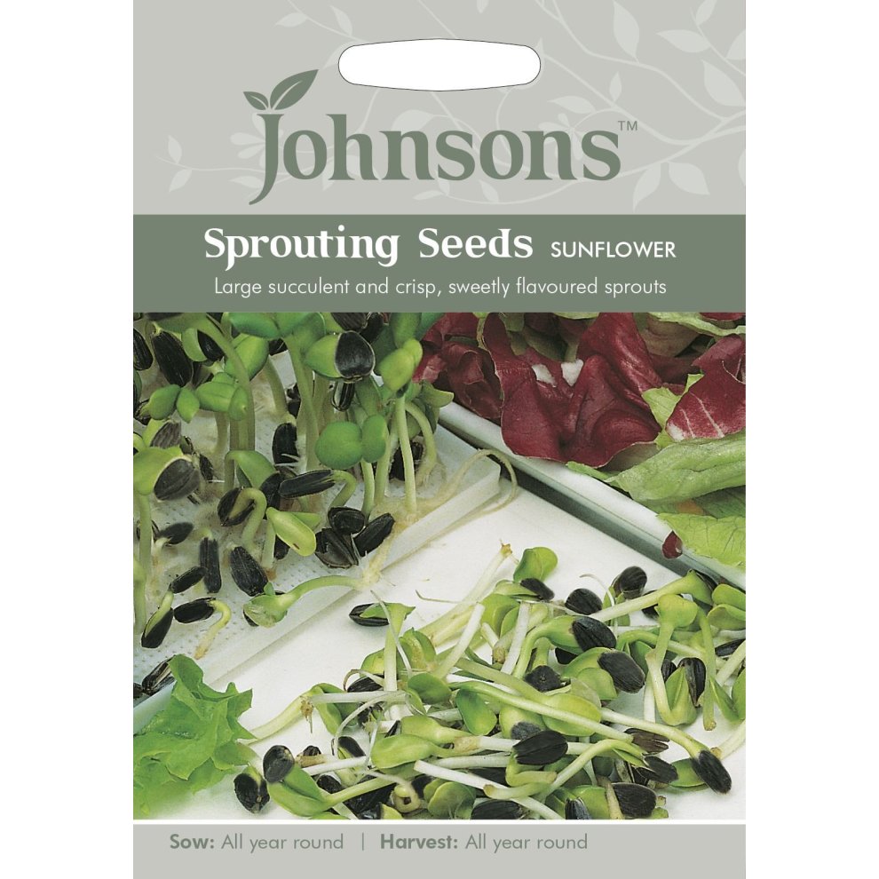 Johnson's Sprouting Seeds pack featuring sunflower seeds, showcasing a mix of green sprouts and black seeds, with clear sowing and harvesting instructions on a light grey background.