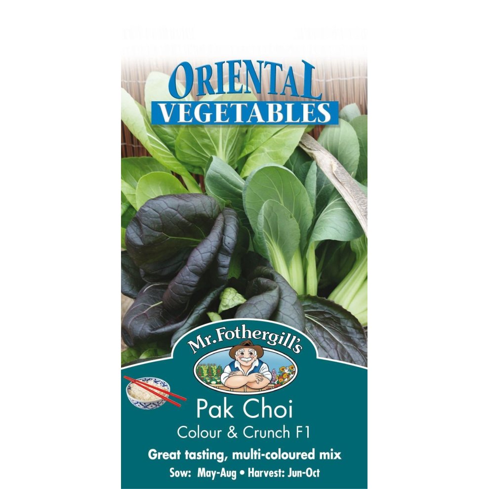 Pictorial seed packet featuring vibrant green and purple Pak Choi, labeled "Mr Fothergill's - Pak Choi Yuushou F1," with sowing and harvesting details at the bottom.