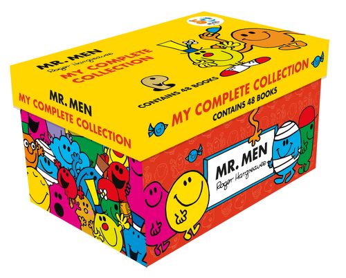 Brightly colored box set featuring the "Mr. Men" characters, with a yellow lid and red base, showcasing playful illustrations and the title "My Complete Collection" prominently displayed.