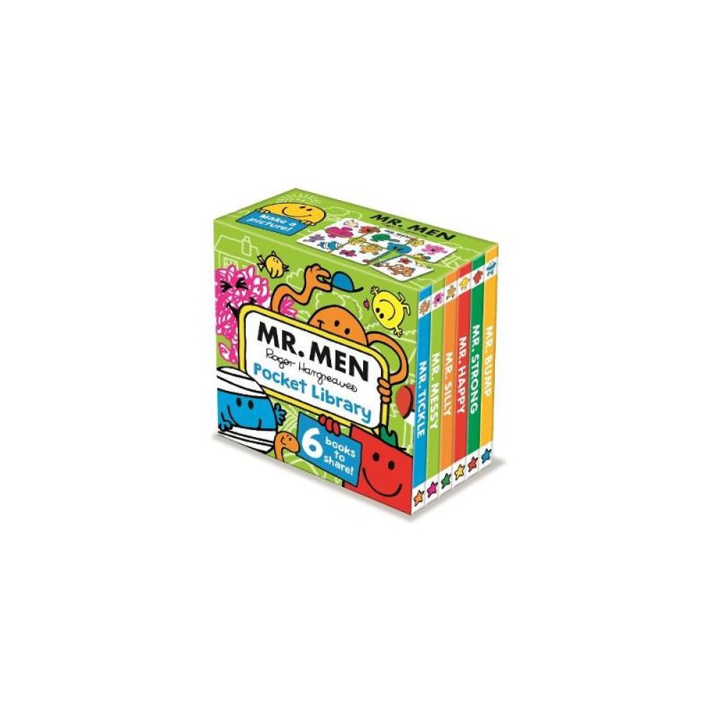 Colorful box set containing six board books from the "Mr. Men and Little Miss" series, featuring playful illustrations and vibrant colors on the covers.