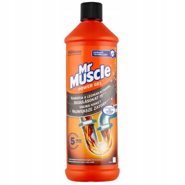 Bright orange plastic bottle of Mr Muscle Drain Gel, featuring a black cap and label with blue and white text, highlighting its power gel formula for quick blockage removal.