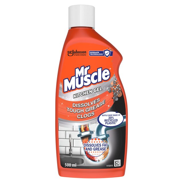 Bright orange plastic bottle of Mr Muscle Kitchen Drain Gel, 500ml, featuring a label with blue and white text, highlighting its ability to dissolve tough grease and clogs.