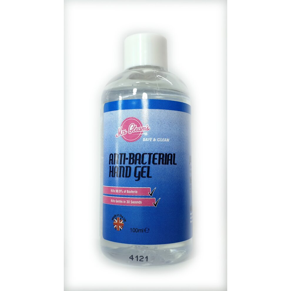 Clear plastic bottle of Mrs Gleam's Antibacterial Hand Gel, 100ml, featuring a screw top lid, blue and white label with text highlighting antibacterial properties and British flag.