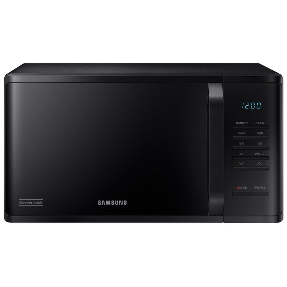 Samsung MS23K3515AK 23L solo microwave oven in sleek black, featuring a digital display, control panel with buttons, and a ceramic interior for easy cleaning.