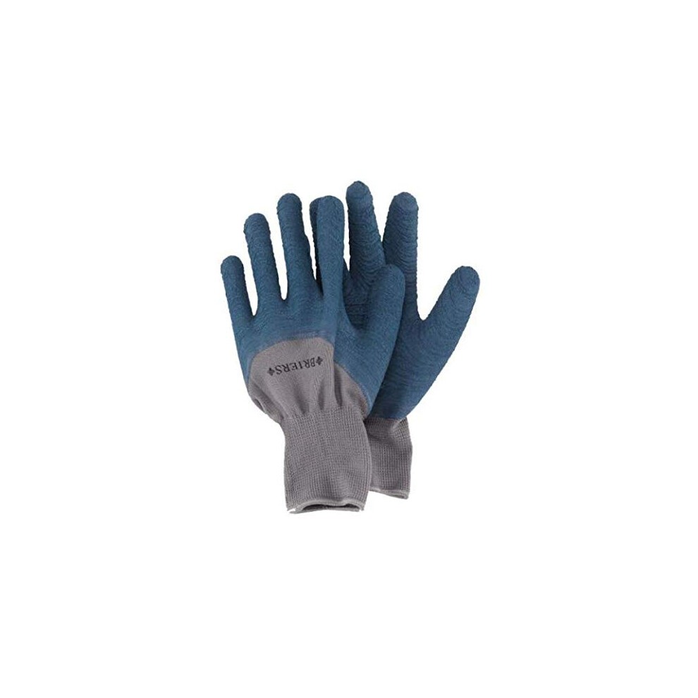 Briers All Seasons gardening gloves in blue with a grip-coated texture, featuring a grey elastic wrist cuff, designed for size large hands.
