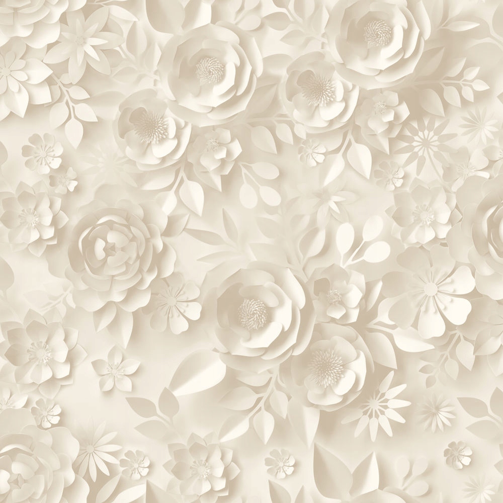 Cream-colored wallpaper featuring intricate origami-style flowers and leaves, showcasing a variety of floral designs with a textured, three-dimensional appearance.
