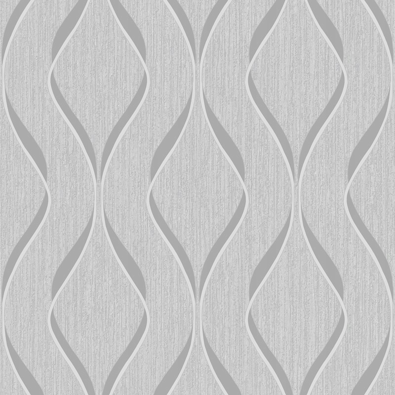 Wave-patterned grey wallpaper featuring a textured background with flowing, wavy lines in varying shades of grey, measuring 10m x 53cm.