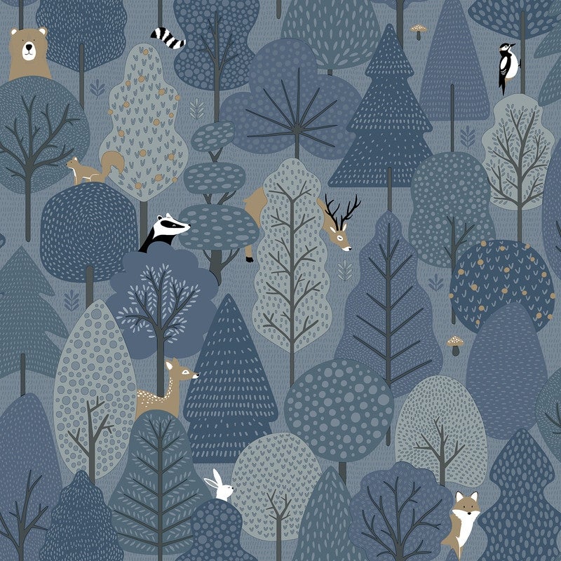 Chesapeake Quillen Indigo Forest Wallpaper features a whimsical forest scene in shades of blue and gray, with animals like deer, bears, and foxes among stylized trees and foliage.