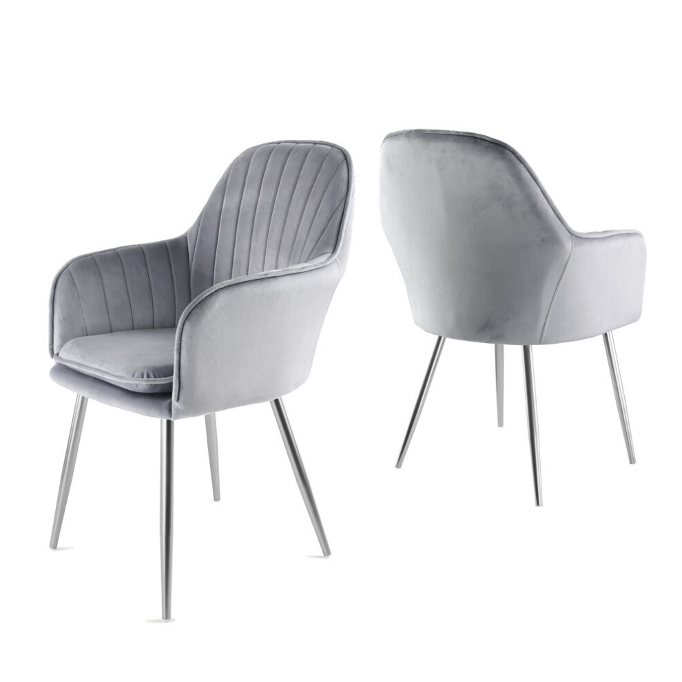 Set of 2 accent chairs in soft grey velvet with vertical stitching, featuring sleek silver legs for a modern touch.