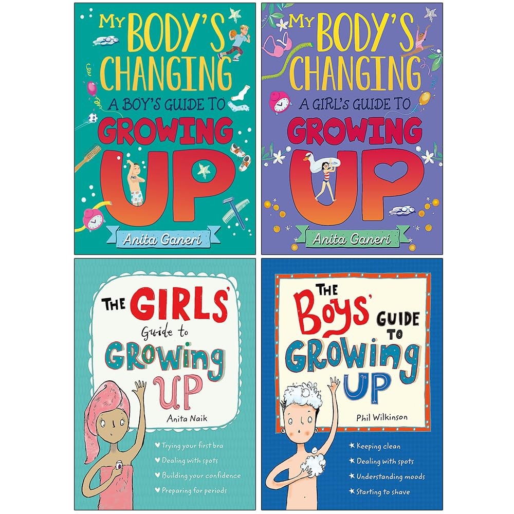 Four colorful book covers from the "My Body's Changing and Guide to Growing Up Series 4," featuring illustrations and titles in bold fonts, with themes for boys and girls.