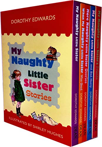 Five colorful paperback books in a box set titled "My Naughty Little Sister Stories" by Dorothy Edwards, featuring a whimsical illustration of a girl on the cover.