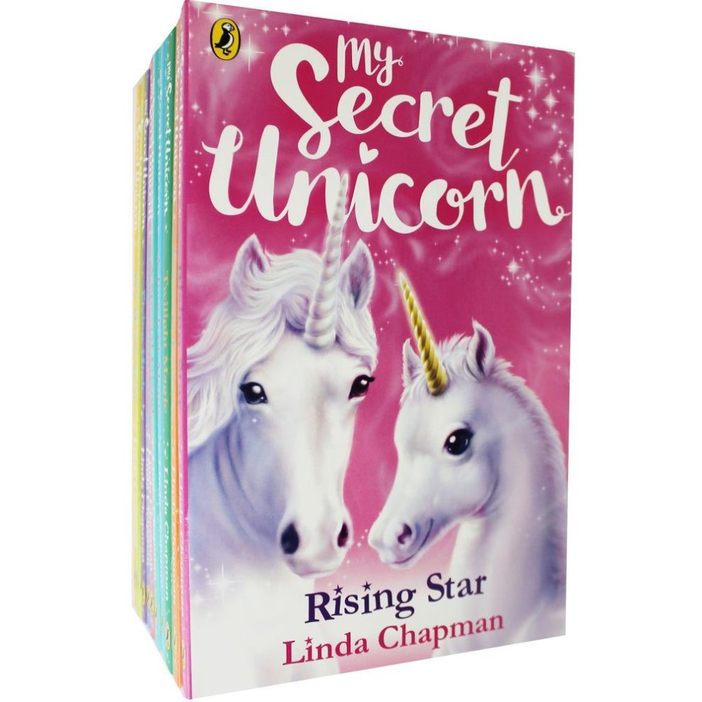 Ten colorful paperback books featuring unicorns on the cover, with a pink background and the title "My Secret Unicorn" in playful white font, authored by Linda Chapman.
