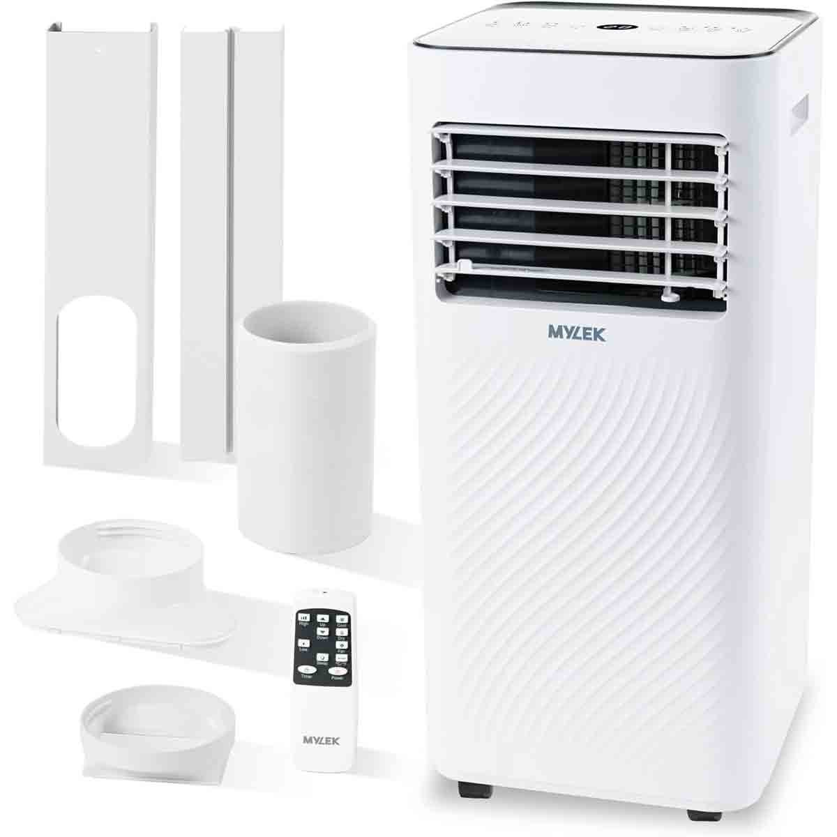 White MYLEK 9000 BTU portable air conditioner with a sleek design, featuring a control panel on top, adjustable vents, and remote control, accompanied by installation accessories.