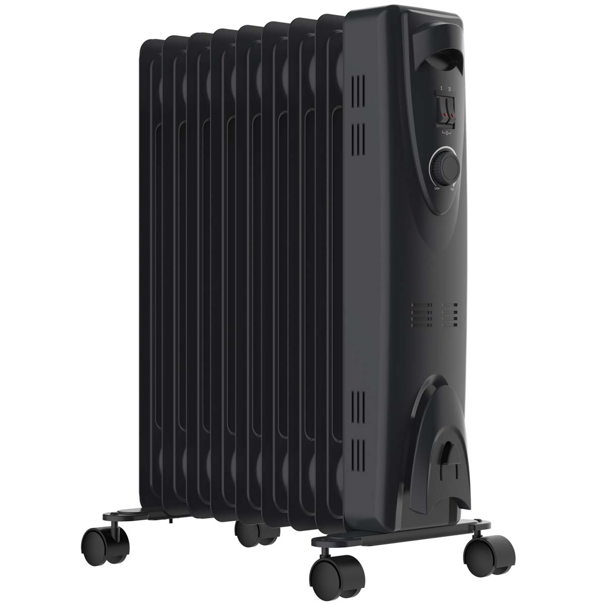 Mylek 2kW oil-filled radiator heater in grey, featuring a sleek design, adjustable thermostat, and rolling wheels for easy mobility.